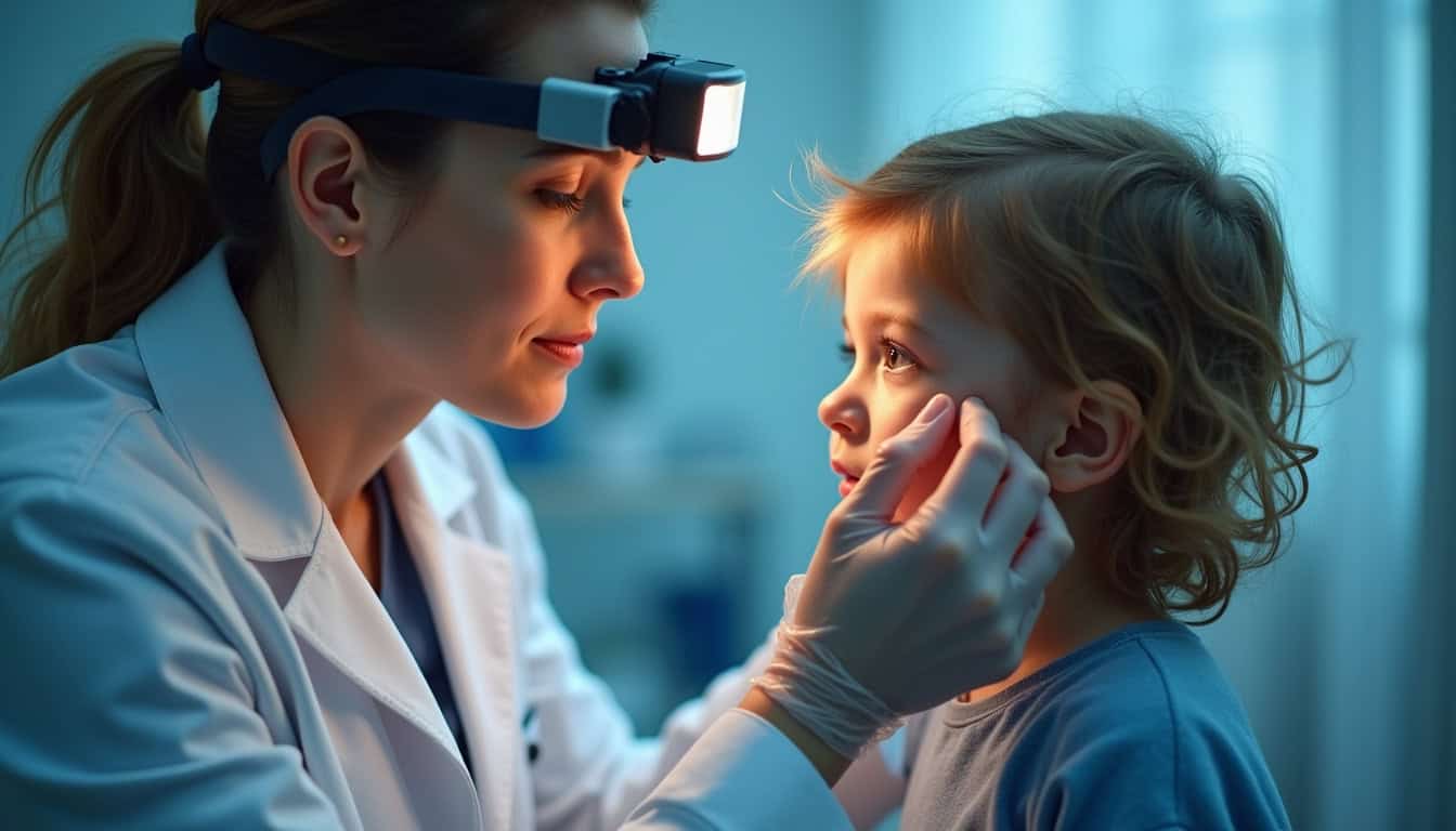Vétérinaire avec lampe frontale examinant un jeune patient.