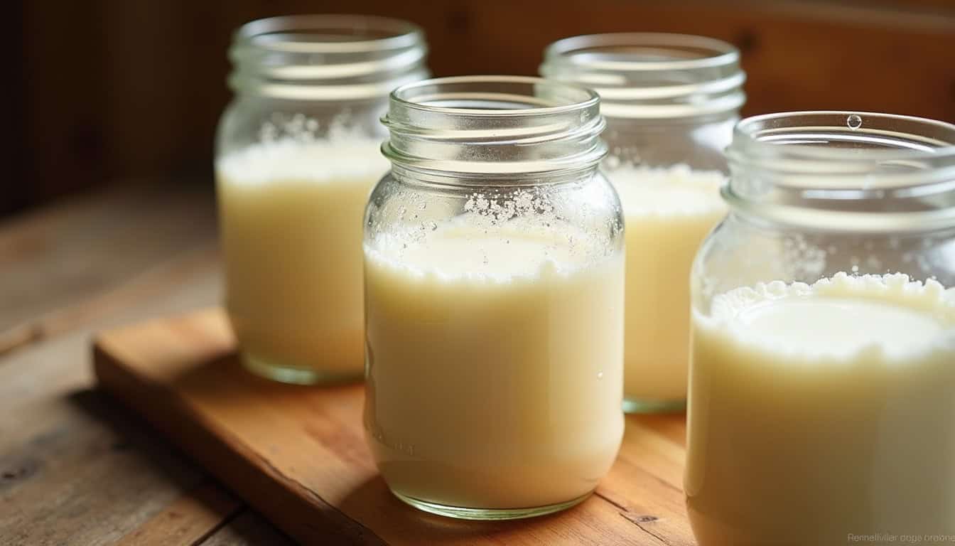 Bocaux de lait fermenté frais sur une table en bois.