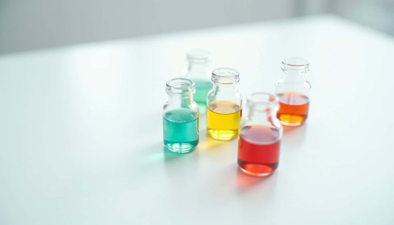 Vases avec liquides colorés pour expériences chimiques et démonstrations scientifiques.