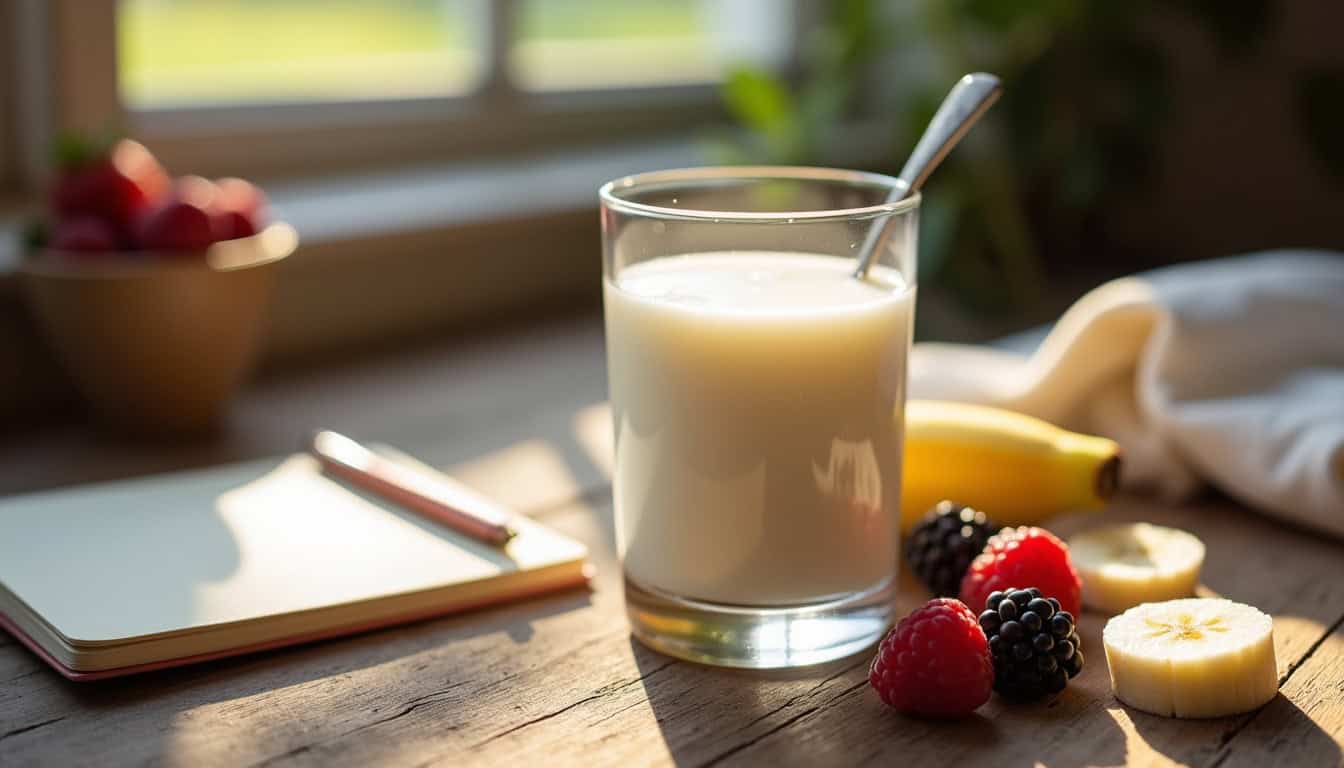 Lait frais dans un verre avec fruits rouges et banane, sur une table ensoleillée.