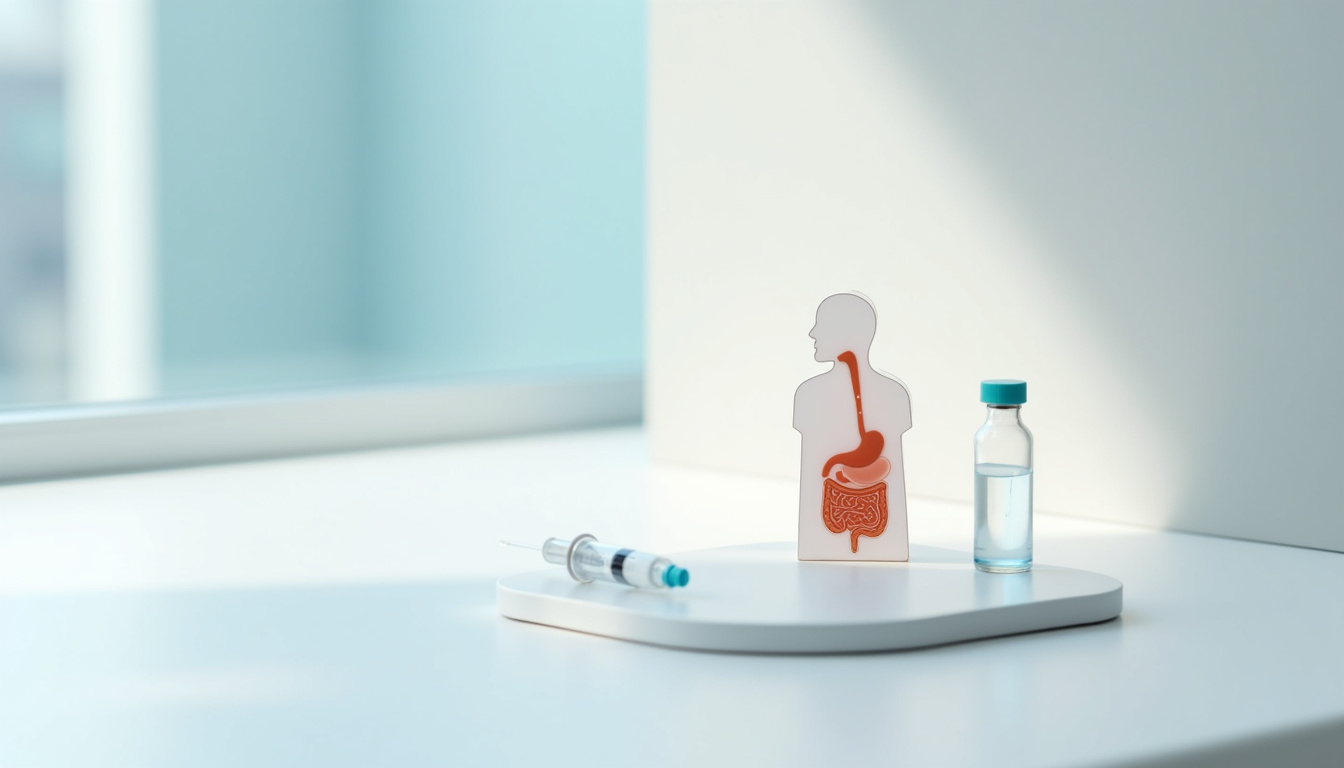 Vue d'illustration des traitements modernes pour la maladie de Crohn, y compris biothérapies et dispositifs d'injection