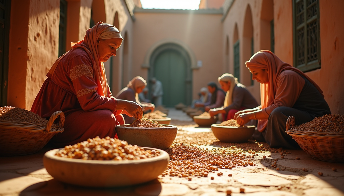 Vue d'une coopérative féminine au Maroc en train de produire de l'huile d'argan selon la méthode traditionnelle