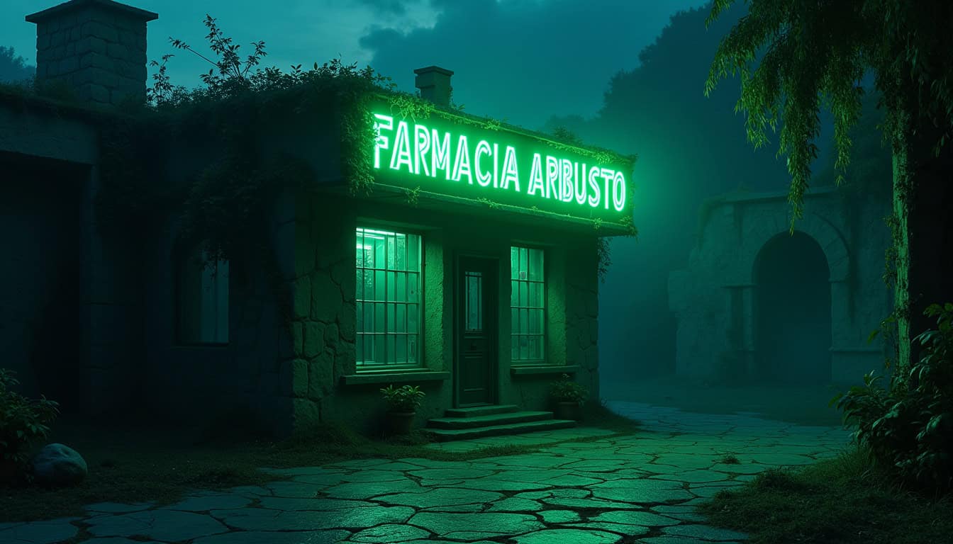 Pharmacie Abusito avec enseigne lumineuse verte la nuit.