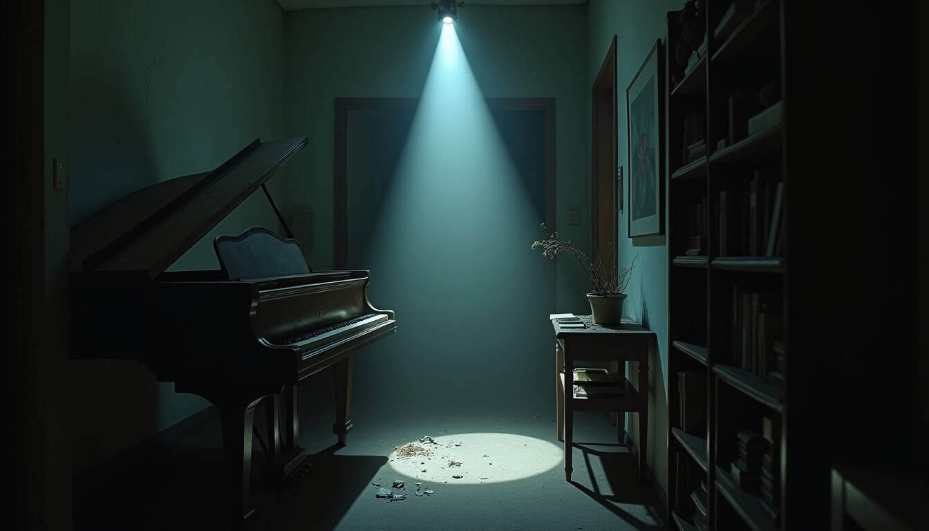 Salon de musique sombre avec lumière concentrée sur le sol.